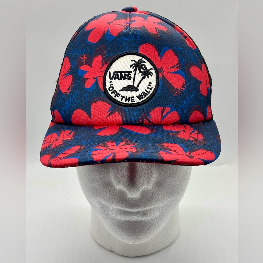 Vans Hat Cap Snap Back Blue Red Floral Surf Trucker Mesh Patch Hibiscus Unisex
